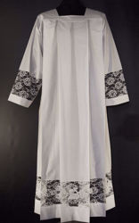 Picture of MADE TO MEASURE Square neck liturgical Alb with roses lace and Lamb Pelican Cross overlapping embroidery white cotton blend fabric