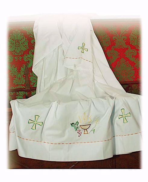 Picture of MADE TO MEASURE Closed collar liturgical Alb with multicolor Cross Chalice Wheat and Grapes embroidery white cotton blend fabric