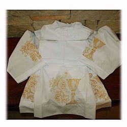 Picture of MADE TO MEASURE Closed collar liturgical Alb with Chalice Grapes gold embroidery white cotton blend fabric
