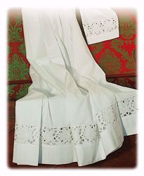 Picture of MADE TO MEASURE Closed collar liturgical Alb with Lilies guipures embroidery white cotton blend fabric.