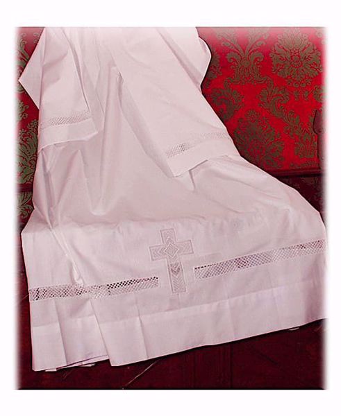 Picture of MADE TO MEASURE Square neck liturgical Surplice with macramè and cross embroidery white cotton blend fabric.