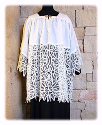 Picture of MADE TO MEASURE Square neck liturgical Surplice with floral Brussels lace white cotton blend fabric.