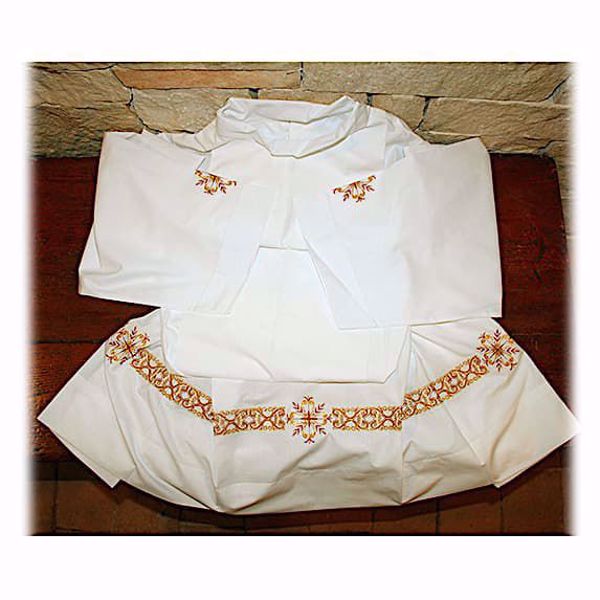 Picture of MADE TO MEASURE Square neck liturgical Surplice with colored geometric embroidery white cotton blend fabric.