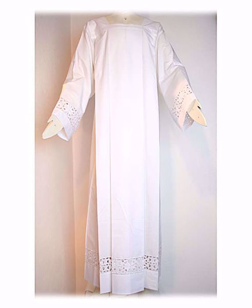 Picture of MADE TO MEASURE Square neck liturgical Surplice with little Crosses guipures embroidery white cotton blend fabric.