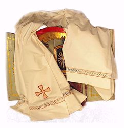 Immagine di SU MISURA Cotta liturgica collo quadro ricamo macramè Croce misto cotone avorio bianco