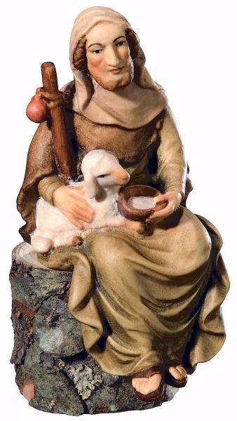 Immagine di Pastore seduto con pecora Presepe Matteo 28 cm palestinese legno