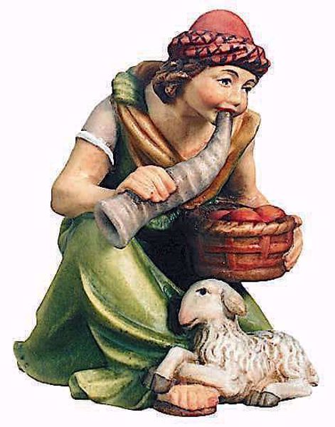 Immagine di Pastore in ginocchio con Cesto cm 12 (4,7 inch) Presepe Raffaello stile classico colori ad olio in legno Val Gardena