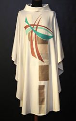 Immagine di Casula Collo ad Anello ricamo diretto Croce stilizzata moderna Tela Vaticana Avorio Rosso Verde Viola