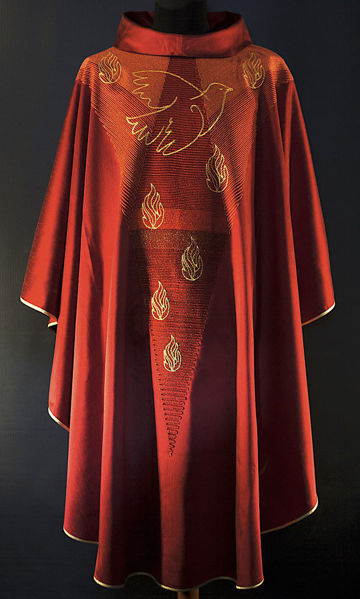 Picture of Red Modern Chasuble | Roll collar | Dégradé embroidery | Holy Spirit, Dove | Vatican fabric