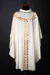 Picture of Chasuble Ring Neck Satin Stolon and Collar Geometric pattern and Mosaic pure Wool Ivory Red Green Violet