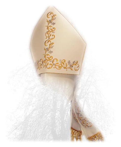 Imagen de Mitria litúrgica bordada hilo Oro y Plata Satén Blanco