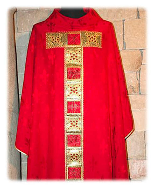 Picture of Chasuble Satin Tau Orphrey Geometric Embroidery Rhinestones Damascus Lily  Ivory Red Green Violet