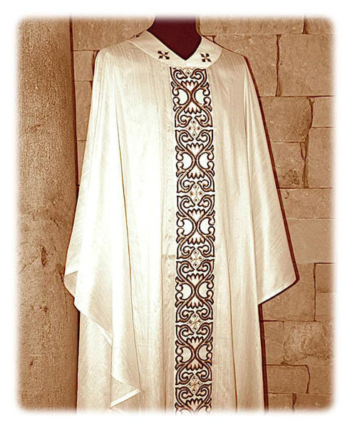 Picture of Chasuble with gold satin Orphrey and Collar Floral Embroidery Sequins Rhinestones Shangtung Ivory Red Green Violet
