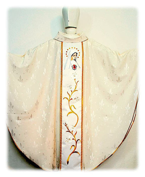 Picture of Marian Chasuble Embroidered Satin Orphrey Damascus Lily Ivory