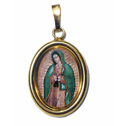 Immagine di Nostra Signora di Guadalupe Ciondolo Pendente ovale mm 19x24 (0,75x0,95 inch) Argento placcato Oro e Porcellana Unisex Uomo Donna