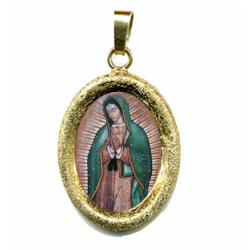Immagine di Nostra Signora di Guadalupe Ciondolo Pendente ovale diamantato mm 19x24 (0,75x0,95 inch) Argento placcato Oro e Porcellana Unisex Uomo Donna 