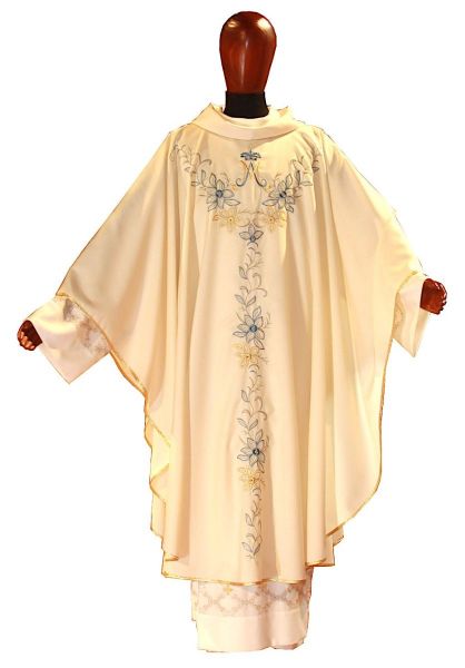 Picture of Marian Chasuble Embroidered Lilies and Spotlight Stones in pure Wool Ivory Chorus