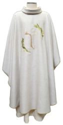 Picture of Liturgical Chasuble Embroidered Tau Cross Olive Branches in Hemp and Linen blend Ecru Ivory Chorus