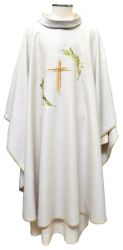 Picture of Liturgical Chasuble Embroidered Cross Olive Branches in Hemp and Linen blend Ecru Ivory Chorus
