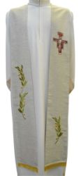 Picture of Priest Deacon Liturgical Stole with embroidered Olive Branches & St. Damian Cross in Hemp and Linen blend Ecru Ivory Chorus