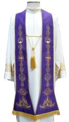 Picture of Priest Roman Stole with Fides Spes Charitas Fishes in Moiré Silk Ivory Red Green Purple Chorus