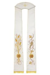 Picture of Priest Deacon Liturgical Stole with embroidered Wheat Grapes IHS in Satin Silk Ivory Red Green Purple Chorus