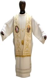 Picture of CUSTOMIZABLE Priest Roman Stole with Golden and Image upon request in Moiré Silk Ivory Red Green Purple Chorus