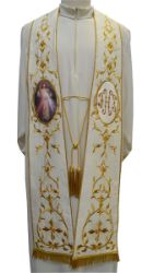 Picture of CUSTOMIZABLE Priestly Roman Stole with IHS Golden embroidery and Image upon request in Moiré Silk Ivory Red Green Purple Chorus