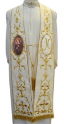 Picture of CUSTOMIZABLE Priestly Roman Stole with Golden embroidery and Image upon request in Moiré Silk Ivory Chorus