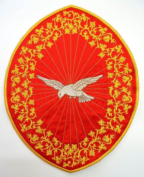 Immagine di Applicazione Ricamata ovale Spirito Santo cm 26,4x33,9 (10,4x13,3 inch) su Tessuto di Raso Avorio Rosso Verde Viola Chorus Emblema per Paramenti liturgici