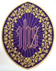 Picture of Oval Embroidered Iron on Applique Patch IHS cm 26,4x33,9 (10,4x13,3 inch) on Satin Ivory Red Green Purple Chorus Emblem Decoration for liturgical Vestments
