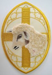 Picture of Oval Embroidered Iron on Applique Patch Lamb cm 13,5x20,4 (5,2x8,1 inch) on Satin Ivory Red Green Purple Chorus Emblem Decoration for liturgical Vestments