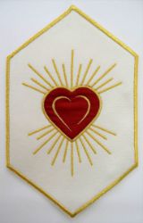 Picture of Hexagonal Embroidered Iron on Applique Patch Embroidered Sacred Heart cm 15x24,5 (5,9x9,6 inch) on Satin Ivory Red Green Purple Chorus Emblem for liturgical Vestments