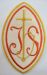 Immagine di Applicazione Ricamata ovale IHS Croce cm 11,8x19,4 (4,6x7,6 inch) su Tessuto di Raso Avorio Rosso Verde Viola Chorus Emblema per Paramenti liturgici