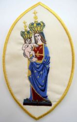 Picture of Oval Embroidered Iron on Applique Patch Marian Madonna with Child cm 15,2x24,4 (6,0x9,6 inch) on Satin Ivory Chorus Emblem Decoration for liturgical Vestments