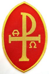 Immagine di Applicazione Ricamata ovale Pax cm 13,5x20,4 (5,3x8,1 inch) su Tessuto di Raso Avorio Rosso Verde Viola Chorus Emblema per Paramenti liturgici