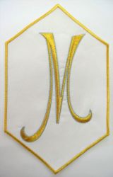Picture of Small Hexagonal Embroidered Iron on Applique Patch Marian Symbol M cm 13,5x21,9 (5,2x8,7 inch) on Satin Ivory Chorus Emblem for liturgical Vestments