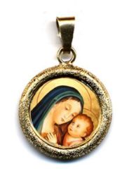 Imagen de Nuestra Señora del Buen Consejo Medalla colgante redonda acabado martillado Diám mm 19 (0 75 inch) Plata con baño de oro y Porcelana Unisex Mujer Hombre