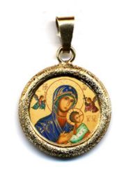 Imagen de Virgen del Perpetuo Socorro Medalla colgante redonda acabado martillado Diám mm 19 (0 75 inch) Plata con baño de oro y Porcelana Unisex Mujer Hombre