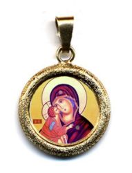 Imagen de Virgen de la Ternura Medalla colgante redonda acabado martillado Diám mm 19 (0 75 inch) Plata con baño de oro y Porcelana Unisex Mujer Hombre