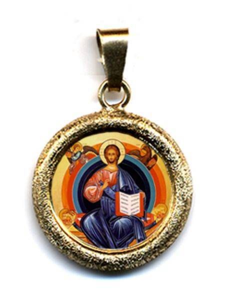 Picture of Christ on the throne Gold plated Silver and Porcelain round Pendant diamond-cut finish Diam mm 19 (075 inch) Unisex Woman Man