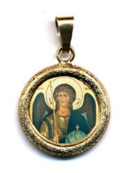 Picture of Archangel Michael Gold plated Silver and Porcelain round Pendant diamond-cut finish Diam mm 19 (075 inch) Unisex Woman Man and Kids