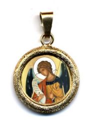 Imagen de Arcángel Gabriel Medalla colgante redonda acabado martillado Diám mm 19 (0 75 inch) Plata con baño de oro y Porcelana Unisex Mujer Hombre y Niños