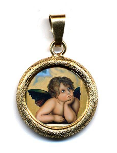 Imagen de Ángel Medalla colgante redonda acabado martillado Diám mm 19 (0 75 inch) Plata con baño de oro y Porcelana Unisex Mujer Hombre y Niños