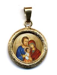 Imagen de Sagrada Familia Medalla colgante redonda acabado martillado Diám mm 19 (0 75 inch) Plata con baño de oro y Porcelana Unisex Mujer Hombre