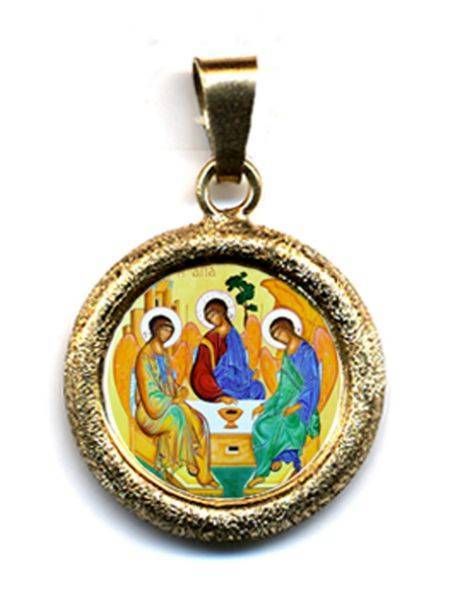 Imagen de Trinidad Medalla colgante redonda acabado martillado Diám mm 19 (0 75 inch) Plata con baño de oro y Porcelana Unisex Mujer Hombre