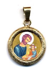 Imagen de San José Medalla colgante redonda acabado martillado Diám mm 19 (0 75 inch) Plata con baño de oro y Porcelana Unisex Mujer Hombre
