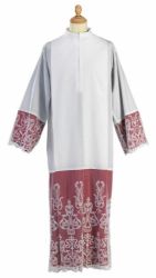 Immagine di Camice liturgico tulle ricamato fondo rosso misto Cotone Tunica sacerdotale Alba Felisi 1911 Bianco