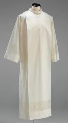 Picture of Liturgical Alb folds macramè lace JHS symbol Cotton blend priestly Tunic Felisi 1911 Ivory White 