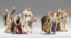 Picture of Entry into Jerusalem Group 7 pieces cm 30 (11,8 inch) Immanuel dressed Nativity Scene oriental style Val Gardena wood statues fabric clothes